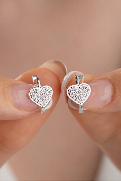 Silvano Jewelry 925 Ayar Gümüş Pembe Taşlı Kalpli Küpe