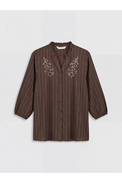 LC Waikiki Καφέ γυναικείο πουκάμισο με βολάν στο γιακά και ρίγες