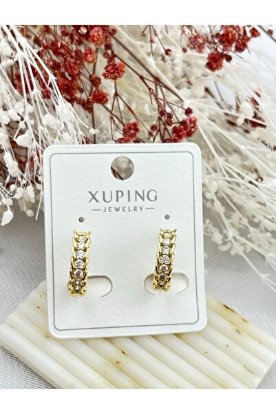XUPING JEWELRY KUYUMCU SERİ 14K RENGİ ÖRGÜ ZİNCİR ARASI ZİRKON TAŞLI ÇELİK KÜPE