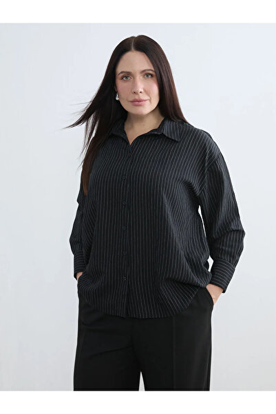 LC Waikiki Μαύρο ριγέ γυναικείο πουκάμισο