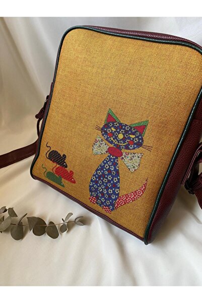Şaşıkedi Bohemian Style Large Postman Shoulder Bag with Mouse and Cat Figures