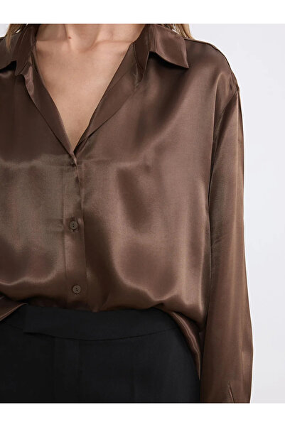 LC Waikiki Καφέ Σατέν Γυναικείο Πουκάμισο