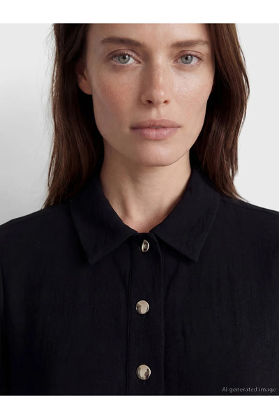 LC Waikiki Μαύρο πουκάμισο μεγάλου μεγέθους με γιακά, γυναικεία φεράσα