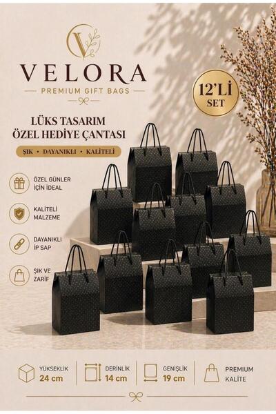 KOLİX Velora 12'li Premium Karton Poşet Hediye Paketi Karton Çanta 24x14x20cm