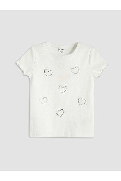 LC Waikiki Rmz Gi̇yi̇m Farkiyla Stoned Heart Embroidered Girls Ribbed T-Shirt