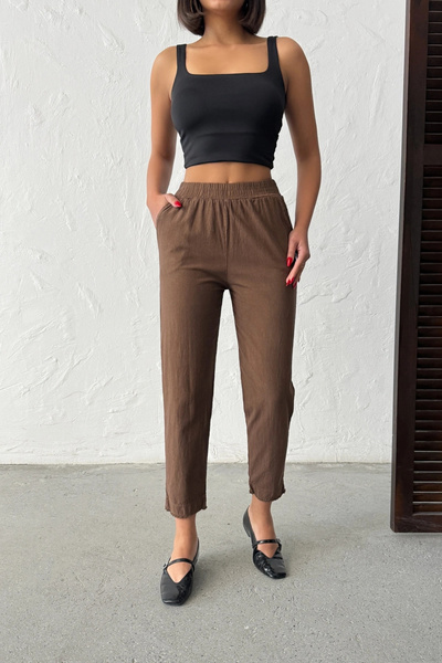 Lusin Γυναικείο παντελόνι από 100% βαμβακερό λινό, σε άγχρωμο καφέ χρώμα, με ...