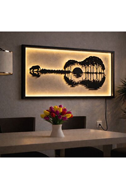Usenatolye LED Işıklı Panoramik Duvar Tablosu – Gitar Motifli Gün Batımı Silü...