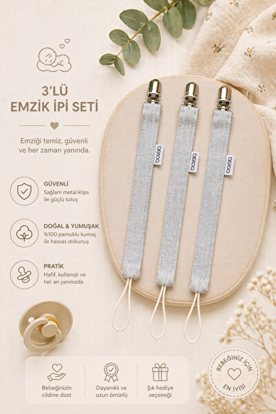 Banvela Handmade 3’lü Emzik İpi Seti – %100 Pamuk Doğal Kumaş, Güvenli Metal ...