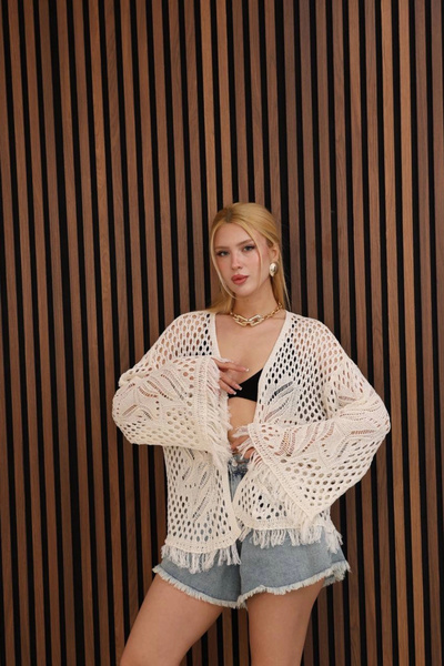 Lusin Γυναικεία Εκρού Διάτρητη Πλεκτή Λεπτομερής Καλοκαιρινή Χαλαρή Μποέμ Ζακ...