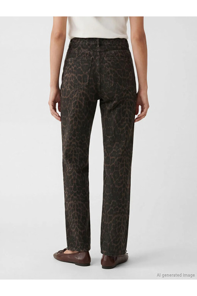 LC Waikiki Καφέ γυναικείο τζιν παντελόνι με ίσια γραμμή και λεοπάρ σχέδιο