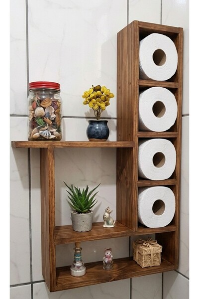 Ev dekka 100x60 cm Dev Boy Masif Ham Ahşap Banyo Rafı - 6 Geniş Bölmeli Tuval...