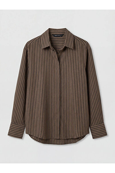 LC Waikiki Καφέ ριγέ γυναικείο πουκάμισο από μείγμα Modal