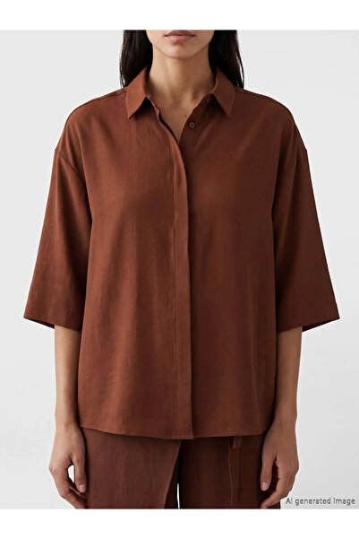 LC Waikiki Καφέ Oversize Γυναικείο Πουκάμισο από Κρεπ