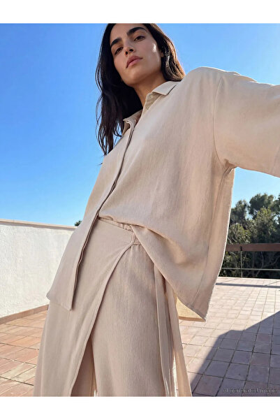 LC Waikiki Μπεζ Oversize Γυναικείο Πουκάμισο από Κρεπ