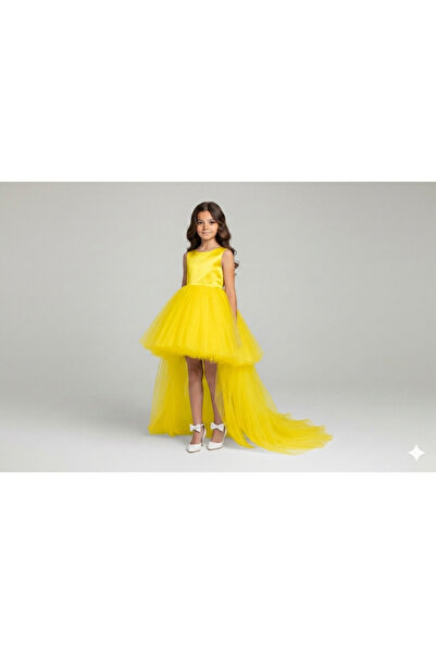 Star Kids Κοριτσίστικο φόρεμα αποφοίτησης με κίτρινη ουρά, βραδινό φόρεμα για...