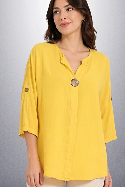 Bİ.GİYSEN Γυναικεία ΚΙΤΡΙΝΗ Μπλούζα Πουκάμισο Μεγάλου Μεγέθους με Ένα Κουμπί,...