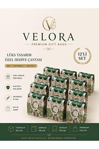 KOLİX Velora 12'li Premium Karton Poşet Hediye Paketi Karton Çanta 24x14x20cm