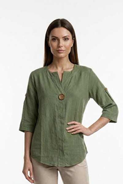 Bİ.GİYSEN Γυναικεία Μπλούζα Χακί Πράσινο Μεγάλο Μέγεθος με Ένα Κουμπί, Πλενόμ...
