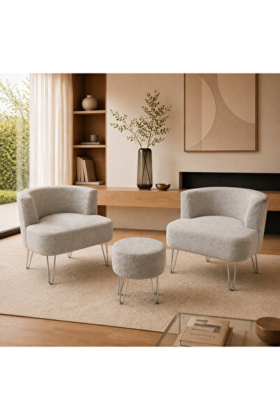 Pure Home Veloria 2'li Çay Seti Berjer Ve Puf Takımı Teddy Kumaş