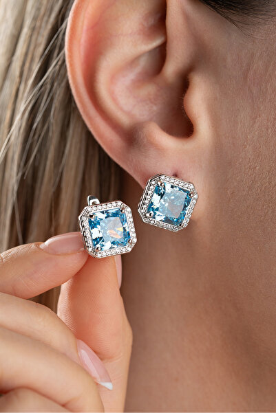 Silvano Jewelry 925 Ayar Gümüş Zirkon Aqua Taşlı Kare Model Küpe
