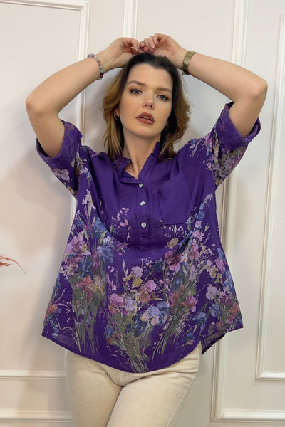 EtkiModa Γυναικεία μπλούζα με πολύχρωμα σχέδια ιταλικού στυλ με μισό κουμπί κ...