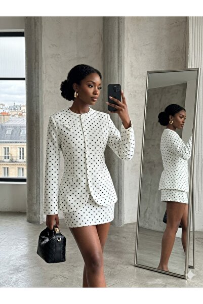 LOKADI Γυναικείο Μαύρο και Λευκό Σετ Ζακέτα και Φούστα με Πουά - Ρετρό Σετ Μπ...