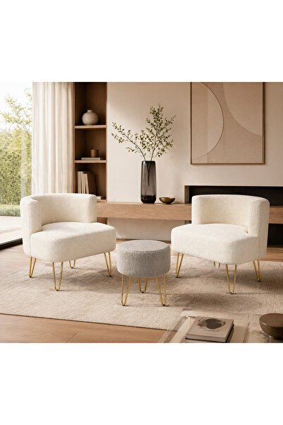 Pure Home Veloria 2'li Çay Seti Berjer Ve Puf Takımı Teddy Kumaş