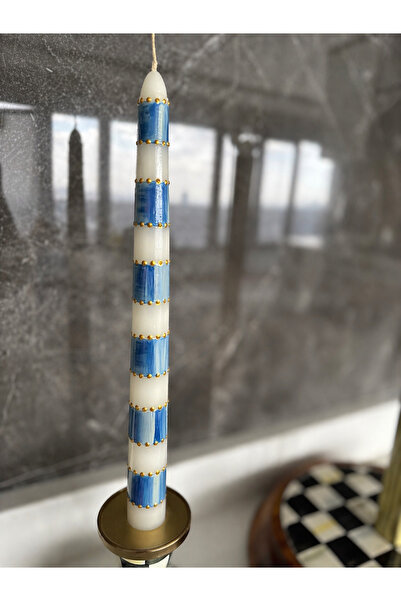 Hatice sakallı design 1 adet Mavi damalı mum gold detaylı mum