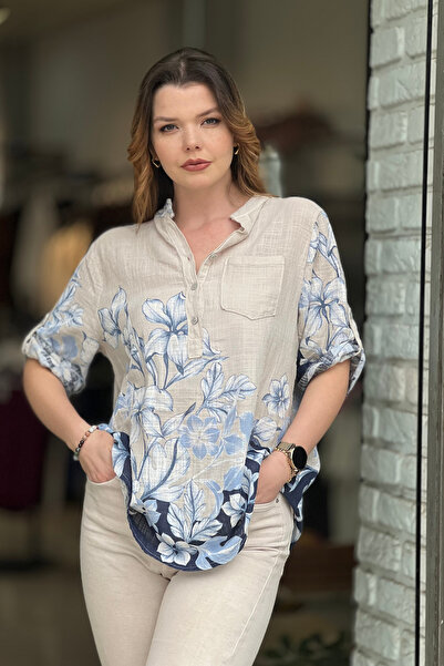 EtkiModa Γυναικεία μπλούζα με πολύχρωμα σχέδια ιταλικού στυλ με μισό κουμπί κ...