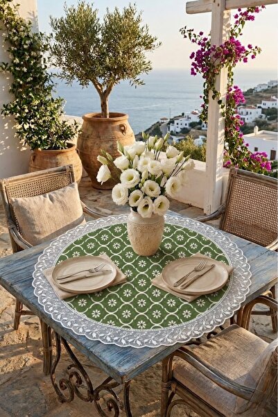 Rona Home Στρογγυλό πράσινο τραπεζομάντιλο με λουλούδια - Λεπτομερές λευκό δα...