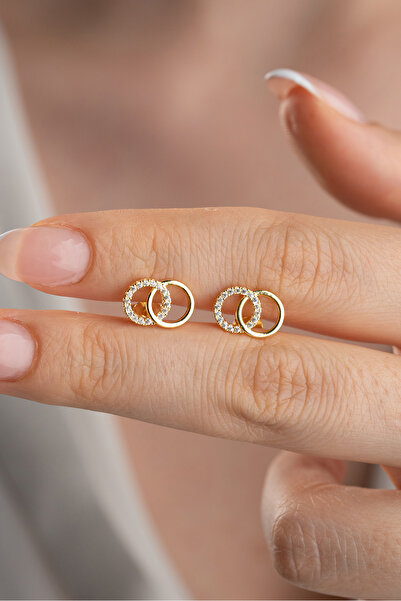 Silvano Jewelry 925 Ayar Gümüş Altın Kaplama Çift Halka Çivili Küpe