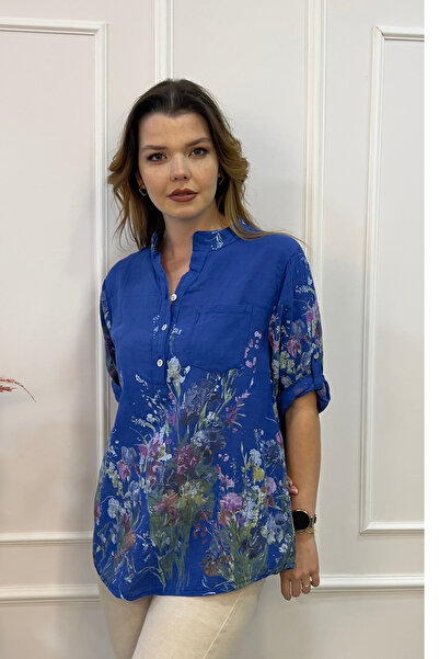 EtkiModa Γυναικεία μπλούζα με πολύχρωμα σχέδια ιταλικού στυλ με μισό κουμπί κ...