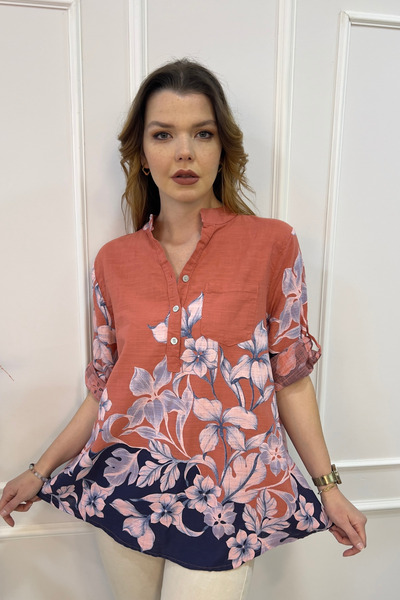 EtkiModa Γυναικεία μπλούζα με πολύχρωμα σχέδια ιταλικού στυλ με μισό κουμπί κ...