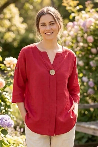 Bİ.GİYSEN Women's Red Plus Size Large Single Button Washed Cotton Linen Folde...