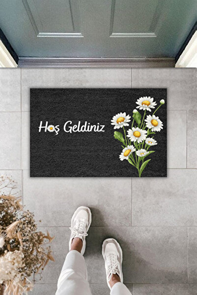 Dormot Διακοσμητικό μοντέρνο ψηφιακό χαλάκι εισόδου με μοτίβο λουλουδιών μαύρ...