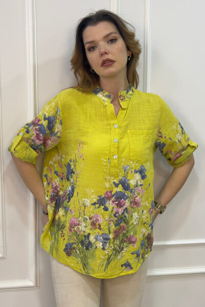 EtkiModa Γυναικεία μπλούζα με πολύχρωμα σχέδια ιταλικού στυλ με μισό κουμπί κ...