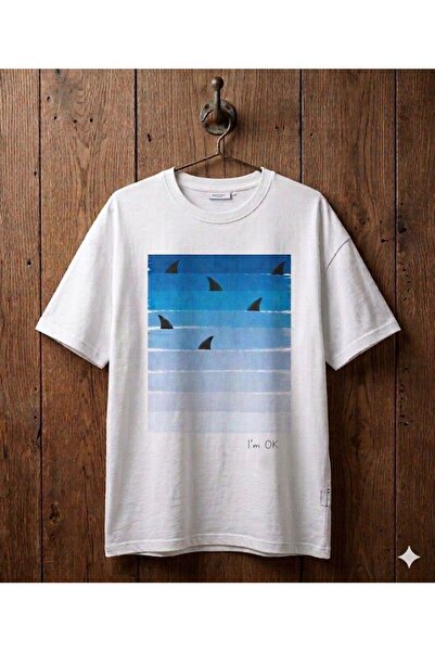Duzor Unisex κοντομάνικο λευκό μπλουζάκι Sharks I am OK Oversize, Premium, Κα...
