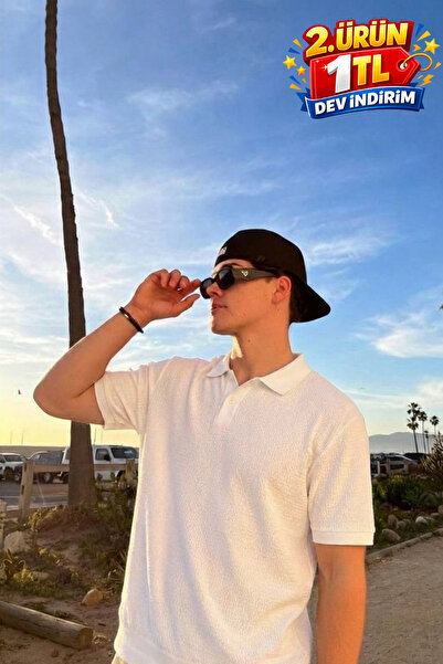 DAMGA JEANS Ανδρικό καθημερινό φαρδύ λευκό πλεκτό μπλουζάκι με λαιμόκοψη πόλο