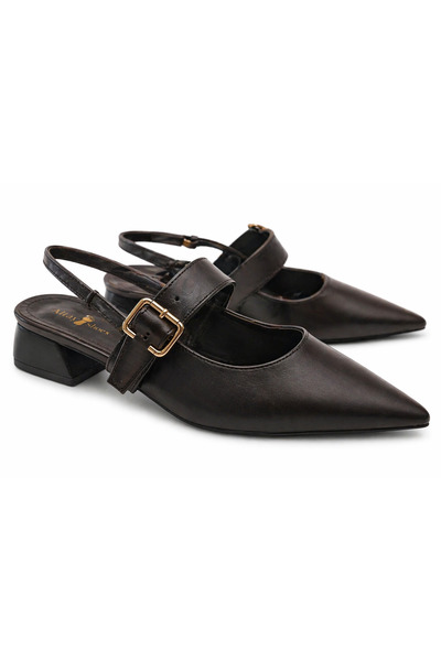Noliva Women's Black Buckle Short Heeled Shoes – Pointed Toe Stylish Slingback