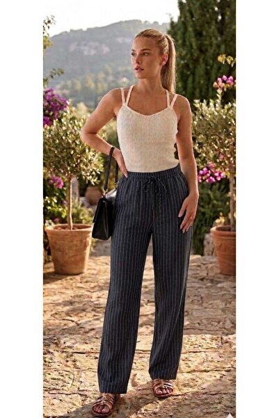 ZUM Λινό ριγέ ασπρόμαυρο παντελόνι Γυναικείο με τσέπες Βαμβακερό Oversize Αυθ...