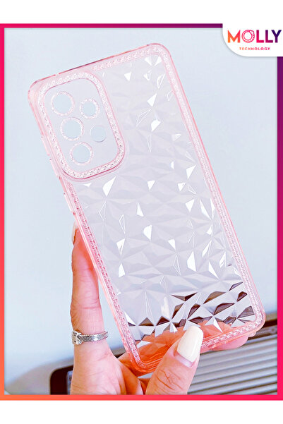 Molly SAMSUNG GALAXY A52 İçin Pembe Şeffaf Prizma Desenli Işıltılı Silikon Kılıf