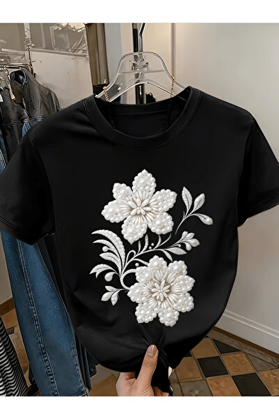 gencerco Μπλουζάκι Premium Oversize με στάμπα με θέμα το Pearl Flower