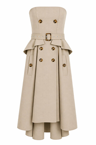 HAZELANNA Μπεζ μίντι φόρεμα με ζώνη και χωρίς τιράντες