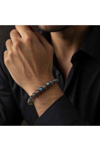 STORE ZARMAN سوار من حجر اللابرادوريت الطبيعي 8 مم - سوار طاقة للجنسين، مصنوع يدويًا من الحجر الطبيعي الحقيقي عالي الجودة