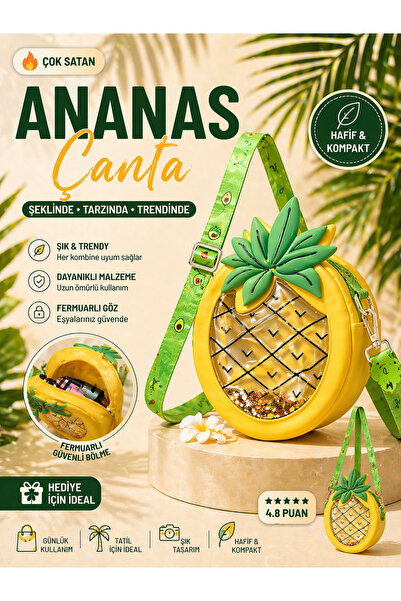 Moonbelle Kız Çocuk Ananas Şekilli Omuz Çantası – Şeffaf Detaylı, Fermuarlı, ...