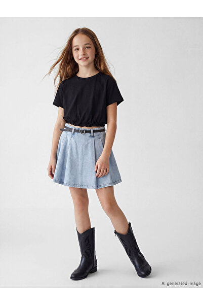 LC Waikiki Lcw Kids Belted Girls Pleated Jean Shorts Skirt