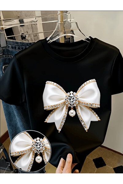 gencerco Γυναικείο μπλουζάκι με θέμα το Pearl, με στάμπα λευκού φιόγκου, Prem...