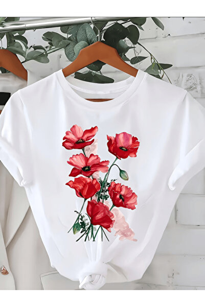gencerco Μπλουζάκι Premium Oversize με στάμπα κόκκινων λουλουδιών