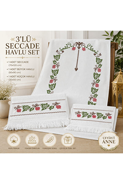 MODA ÇEYİZCİ ANNE 3'lü Çeyizlik Havlu Seccade Seti