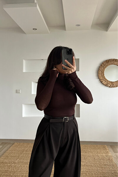 butikhola Brown High-Neck Transparent Cashmere Textured Blouse